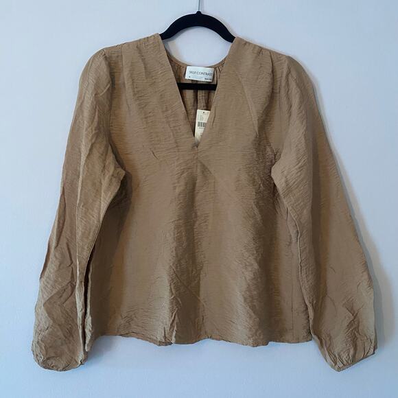 NWT Self Contrast Anthropologie Tan Brown Long Sleeve Tunic Blouse size Medium - Picture 2 of 10